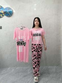 Conjunto de pijama de tres piezas para mujer Conjunto de pijama de mujer(Women's short-sleeved pajamas + women's pajama pants + women's nightgown) - Rosa - Ver 2