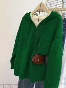 SHEIN Franclia Áo len dệt kim dài tay có mũ dáng rộng màu xám cơ bản dành cho nữ, mùa thu/đông - Màu xanh lá cây đậm - Xem 5