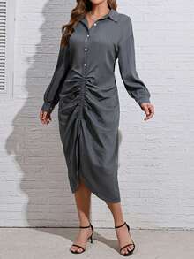 SHEIN LUNE Vestido elegante de manga larga con botones y fruncido en la parte delantera, de unicolor, talla grande - Gris - Ver 3
