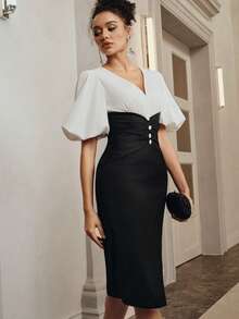 Anewsta Đầm kiểu dáng thanh lịch cổ điển tay phồng ôm sát người, phong cách retro hiện đại. - Đen và trắng - Xem 5