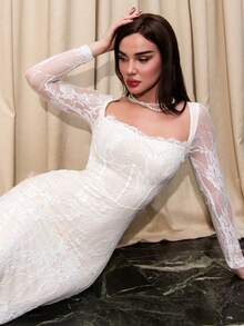 Bris Aura 女式秋冬新款性感S形蕾丝长袖紧身方领修身长款派对连衣裙，黑色 - 黃色 - 查看 5