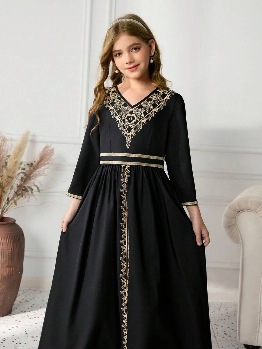 Tween Girls Elegant Party Gold Foil Print Ribbon Dress - Black - View 1