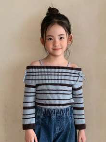 DAZY 女童露肩条纹长袖毛衣，秋冬季 - 藍色 - 查看 8