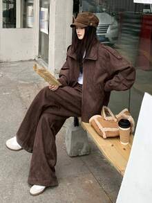 DAZY 女士麂皮长袖外套和休闲宽松裤两件套，韩版风格，秋冬款