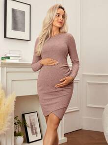 SHEIN 优雅纯色修身孕妇通勤连衣裙 - 藕粉色 - 查看 3