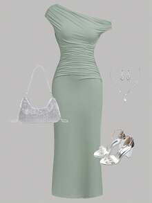 SHEIN Girlism Teen Girls' Mint Green Knit Asymmetric Shoulder Ruched Waist Elegant Casual Snug Fit Dress Elegant Long Dress Wedding Guest Dress Sage Green Formal Dress Ruched Dress One Shoulder Dress - Mint Green - View 3