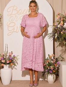 Loomaby 孕妇方领泡泡袖提花褶皱优雅连衣裙 - 粉色 - 查看 4