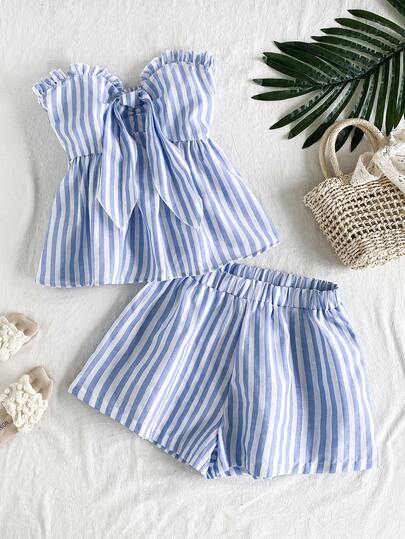 2pcs/Set Teens' Casual Striped Tube Top & Shorts Set, Lightweight, Bow Decor, Suitable For Beach, Vacation, Casual Outings