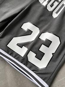 Manfinity Campus Court 男士休闲运动数字字母印花抽绳宽松篮球短裤，夏季 - 深灰色 - 查看 3