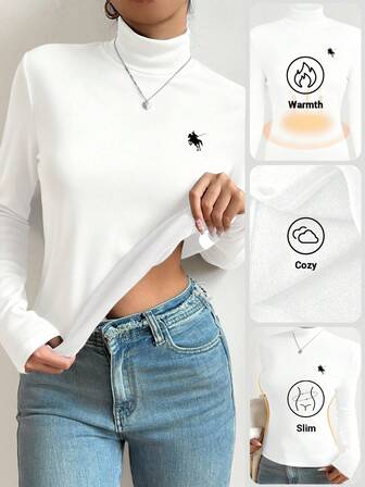 SHEIN BASICS Casual Minimalist Versatile White Horse Logo Placement Print Thermal Lined Long Sleeve T-Shirt For Women, Suitable For Autumn/Winter