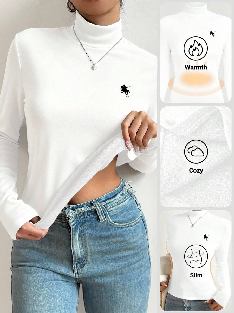 SHEIN BASICS Áo thun dài tay lót nhiệt in logo ngựa trắng đa năng, phong cách tối giản, thoải mái dành cho nữ, phù hợp cho mùa thu/đông - trắng - Xem 1