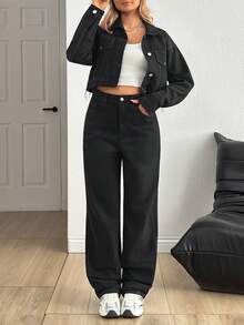EURMUSE Women's Jeans Single-Breasted Casual Denim Jacket And Jeans Set Cowgirl Outfit 2000s Style  Jeans For Womemc - Black - View 9