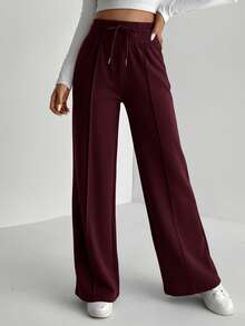 SHEIN Tall Quần thể thao nữ ống rộng màu đỏ tía, chất liệu vải dệt kim, kiểu dáng thường ngày, có dây rút và túi. - Màu Đỏ Sâu - Xem 8