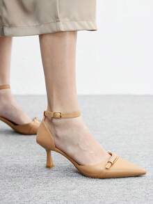 CUCCOO BIZCHIC Giày cao gót nữ đế xuồng màu trơn tối giản, đơn giản, khóa cài - Màu be - Xem 4