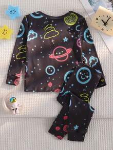 2pcs Infant/Toddler Boys' Apricot Minimalist Basketball Graphic Print Long Sleeve Top And Leggings Pajama Set Toddler Glow In The Dark Pjs Snug Fit - Grey - View 2