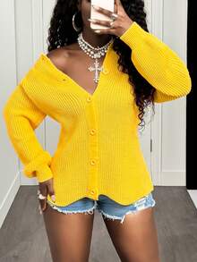 BamGleam Damen Langarm Strickjacke, einfarbig gelb, Knopfverschluss, retro-lässiger schicker minimalistischer Street-Style, Winter für Damen