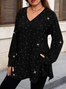 EMERY ROSE Áo thun nữ cổ chữ V tay dài màu trơn họa tiết sọc thời trang thanh lịch, đa năng, thoải mái, thường ngày, thoải mái - màu đen - Xem 4