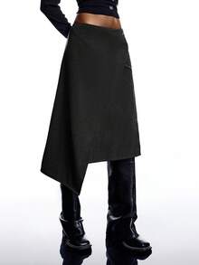 LYSMO 2026 简约女士条纹印花不对称下摆开衩半身裙，不对称裹身裙，深灰色半身裙，开衩半身裙，高开衩半身裙 - 深灰色 - 查看 3