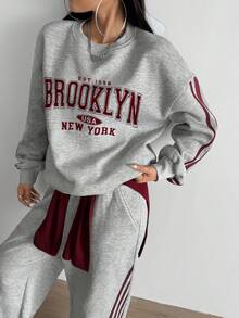 Aidyla Set de 2 piezas de sudadera y pantalón de chándal con rayas de contraste - Gris - View 3