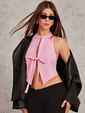L'Amorae 高领系带前开襟无袖露背粉色夏季上衣