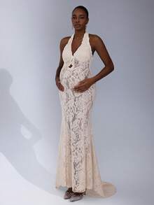 Cheriluna Maternity 孕妇摄影礼服，露背蝴蝶结蕾丝美人鱼长裙 - 杏色 - 查看 3