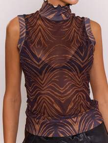 MUSERA Top ajustado de malla con cuello alto, estampado, dobladillo de lechuga, sexy para salir, otoño, noche de invierno, lindo streetwear, fiesta de Navidad Feraux