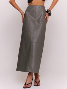 MUSERA Faux Leather Panel Straight Fit Maxi Skirt Sexy Going Out Autumn Fall Night Out Winter Cute Streetwear Feraux