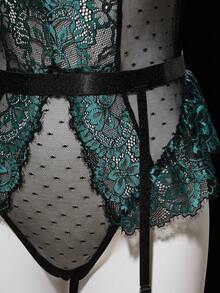 SHEIN Bộ đồ liền thân 4 mảnh ren chắp vá gợi cảm có gọng dành cho nữ và phụ kiện khi đi chơi - màu xanh lá - Xem 8