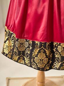 Glamorique Kids Young Girl Round Neck Puff Sleeve Floral Print Ruffle Party Dress - Burgundy - View 3