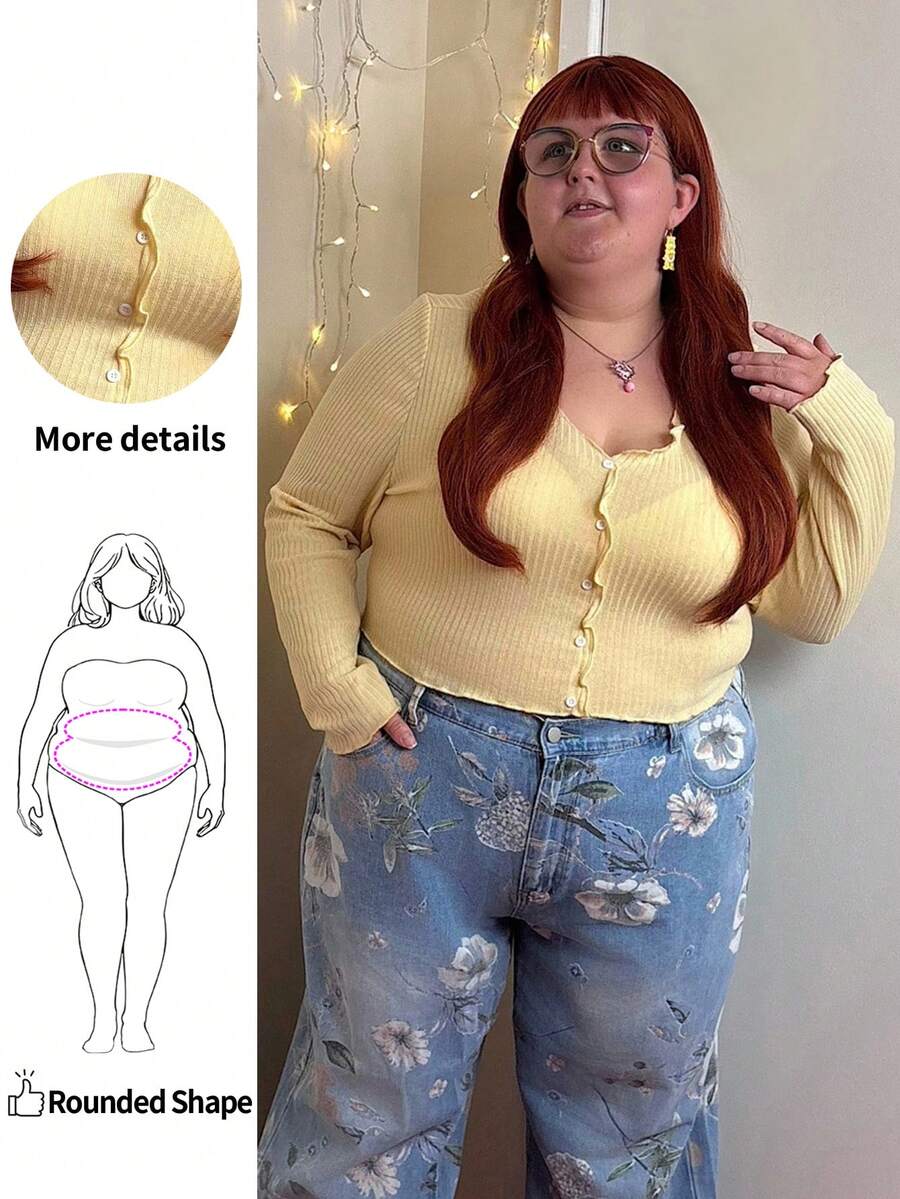 Enliva Camiseta de manga larga con un solo pecho acanalada de unicolor para mujer de talla grande - Amarillo - Ver 1