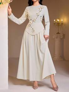 Veilorie Women's Elegant 3D Floral Rhinestone Decorated Arabic Style Dress - Mustard Yellow - View 5