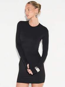KIZN Long Sleeve Bodycon Mini Dress With Thumb Holes Crew Neck Fitted Black Stretchy Fall Winter - Black - View 6
