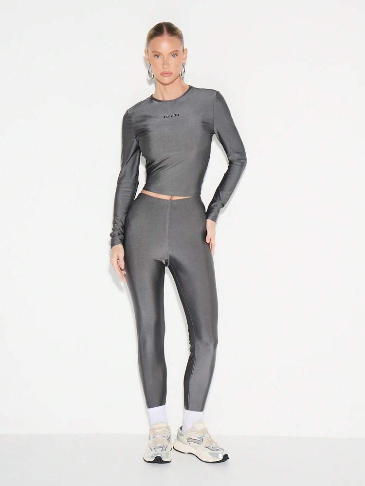 KIZN Women's High Shine Metallic Grey Fitted Full Length Leggings With Elastic Waistband For Casual Everyday Wear And Layering