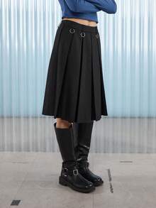 COUREZ 褶裥中长裙，饰有O形环 / Y2K 冬季女装 黑色长裙 秋季女装 外出穿搭 Emo 街头哥特风 - 黑色 - 查看 1