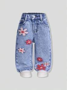 SHEIN ChillGRL Baby Girls' Denim Floral Embroidered Jeans,Pink And Blue,Summer,Cute Modest,Holiday,Wide-Leg Straight Pants,Mid-Waist Vintage Washed Denim Blue,School - Medium Wash - View 2