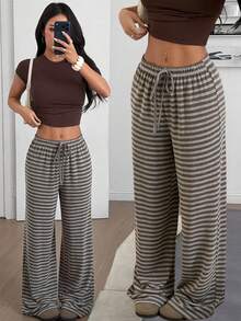 SHEIN EZwear 女士休闲条纹系带阔腿裤 - 咖啡棕 - 查看 5