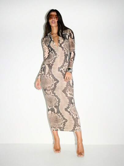 KIZN Vestido de noche elegante y llamativo de manga larga con cuello, de estilo Body con malla de estampado de serpiente, para fiestas y salidas de noche en otoño e invierno
