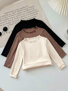 SHEIN LMoss Kids LMoss 3件套女婴纯色针织荷叶边长袖上衣，秋冬季