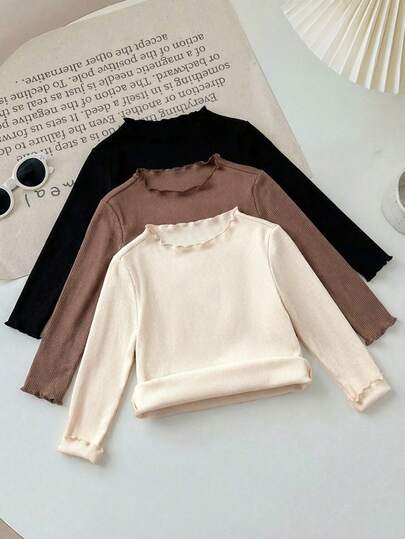 SHEIN LMoss Kids LMoss 3件套女婴纯色针织荷叶边长袖上衣，秋冬季