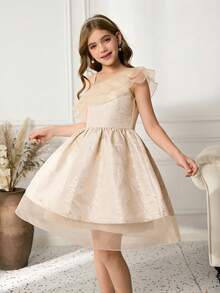Tween Girls Elegant Jacquard Satin Asymmetric Ruffle Hem A-Line Mini Dress - Apricot - View 1