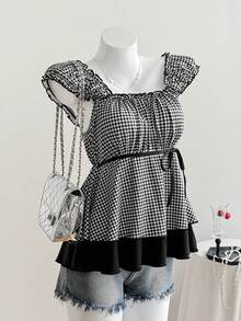 Comfortcana Women's Plaid Print Square Neck Casual Fashion T-Shirt New Year's - Black and White - View 1