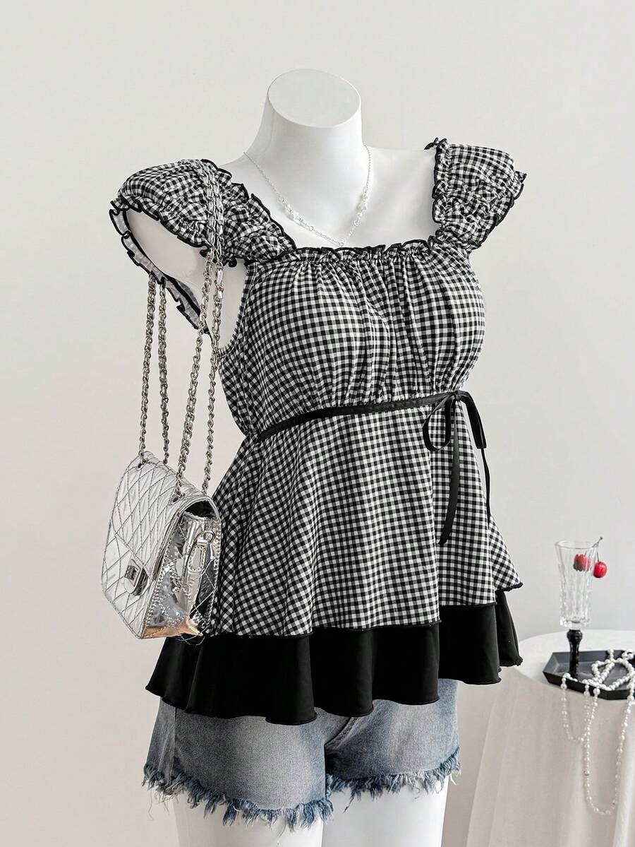 Comfortcana Women's Plaid Print Square Neck Casual Fashion T-Shirt New Year's - Black and White - View 1