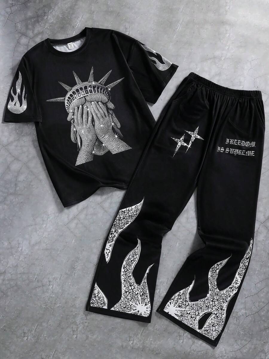 Coolqubz 2件套休闲复古人物印花时尚T恤套装,适合青少年男孩日常通勤、休闲和街头穿着。 - 黑色 - 查看 1