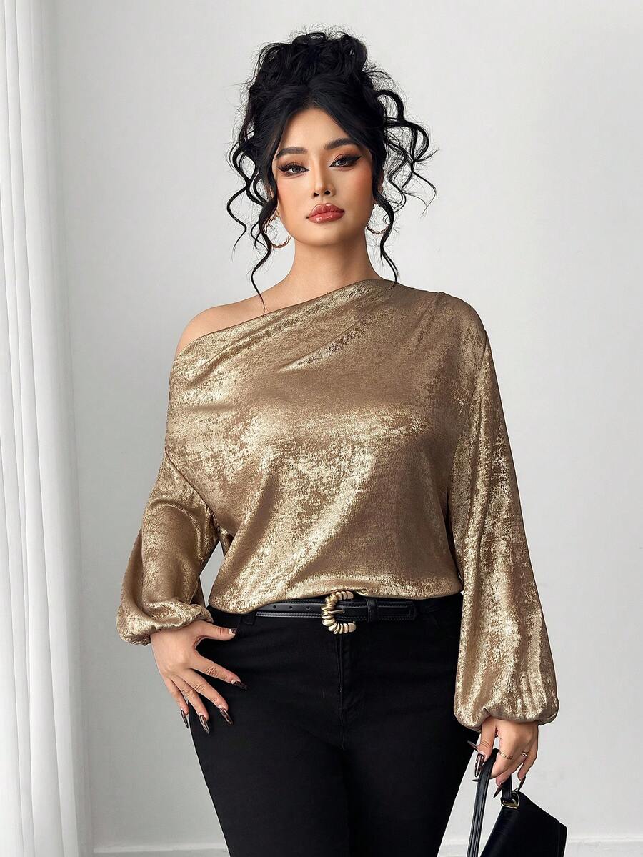 Elenzga Women's Fashionable Elegant Oblique Shoulder Long Sleeve Luxury Metallic Blouse