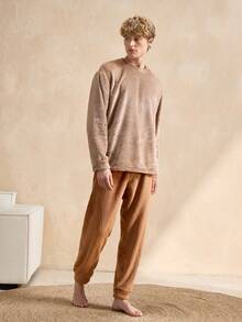 Men's Autumn/Winter Round Neck Top And Pants Fluffy Pajama Set - Multicolor - View 5