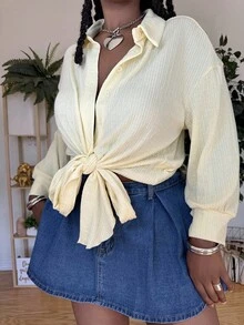 Truni SHEINLUNE Damen Hemd mit Strickmanschetten in Große Größen, Old Money-Stil, Sommeroutfit für Frauen, 90er-Jahre-Kleidung, Outfits für den Frühlingsurlaub, Ibiza-Passform, Strandoutfits für Frauen/ Sommer Boho Old Money Sommeroutfits für Frauen Frühlingsurlaub Rave-Outfits Festival Frühlingsurlaub-Outfits - Gelb - Übersicht 4