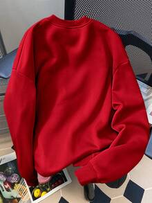 Manfinity Joysei 冷静点，老兄！放松一下，自由自在”卡通男孩休闲图案圆领卫衣，百搭经典红色卫衣，时尚秋季红色卫衣