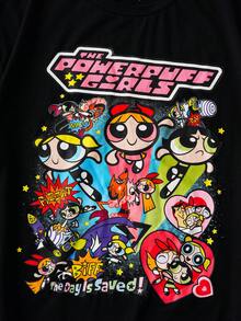 THE POWERPUFF GIRLS X SHEIN Áo thun đen in chữ hoạt hình vui nhộn, dễ thương, thời trang dạo phố, đi làm hàng ngày dành cho nữ, cỡ lớn, mùa hè - màu đen - Xem 6
