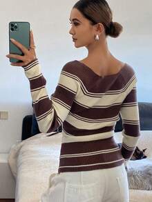 DAZY Women's Casual Contrast Striped V-Neck Sweater, Autumn - Coffee Brown - View 2