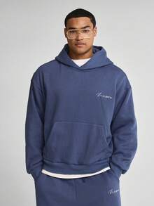 Musero Oversized Boxy Long Sleeve Drop Shoulder Hooded Kangaroo Pocket Sweater Branded Chest Detail Co Ord Tracksuit Top Only SPRING SUMMER Essentials - Navy Blue - View 2